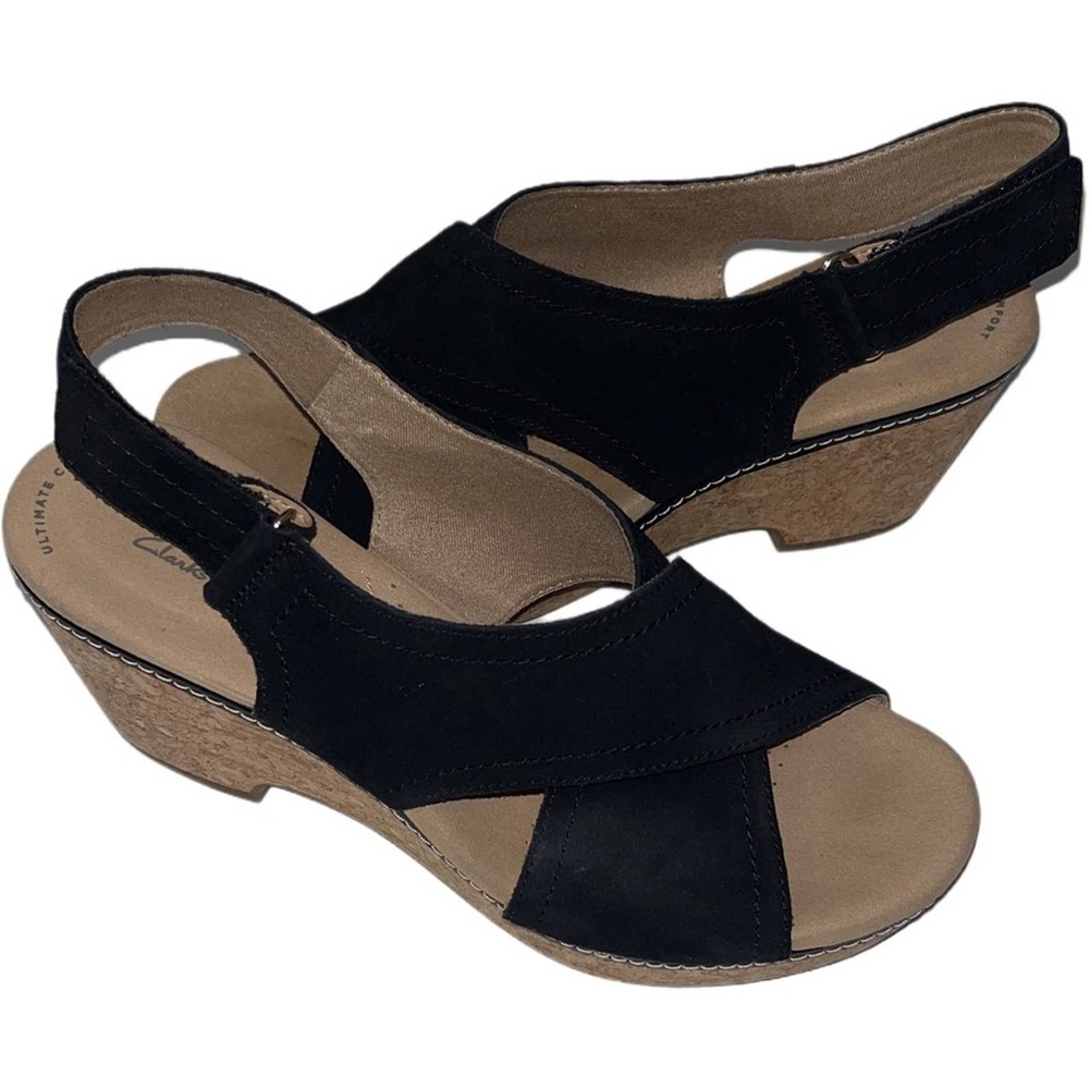 Clarks Black Suede Wedge Sandals Size 9 - Picture 2 of 12